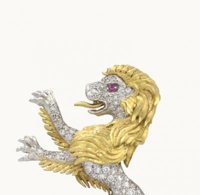  J E Caldwell Co Jewelry Caldwell Silver JE CALDWELL DIAMOND LION BROOCH IN PLATINUM AND 18K GOLD CIRCA 1950