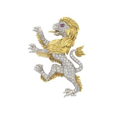  J E Caldwell Co Jewelry Caldwell Silver JE CALDWELL DIAMOND LION BROOCH IN PLATINUM AND 18K GOLD CIRCA 1950