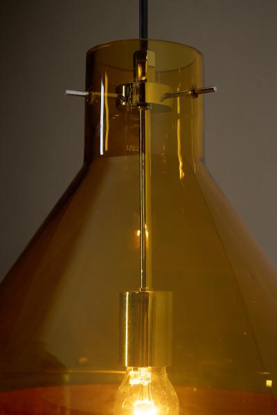  J T Kalmar Kalmar Lighting Amber Glass and Leather Pendant Lamp 1970s
