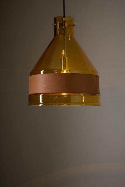 J T Kalmar Kalmar Lighting Amber Glass and Leather Pendant Lamp 1970s