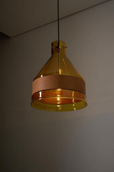  J T Kalmar Kalmar Lighting Amber Glass and Leather Pendant Lamp 1970s