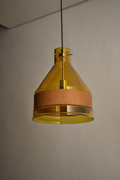  J T Kalmar Kalmar Lighting Amber Glass and Leather Pendant Lamp 1970s