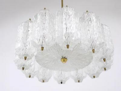  J T Kalmar Kalmar Lighting J T Kalmar Brass Chandelier with Textured Ice Glass Austria 1950s