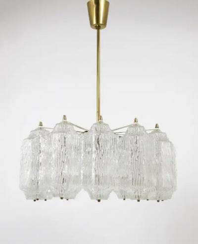  J T Kalmar Kalmar Lighting J T Kalmar Brass Chandelier with Textured Ice Glass Austria 1950s