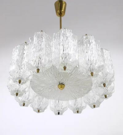  J T Kalmar Kalmar Lighting J T Kalmar Brass Chandelier with Textured Ice Glass Austria 1950s