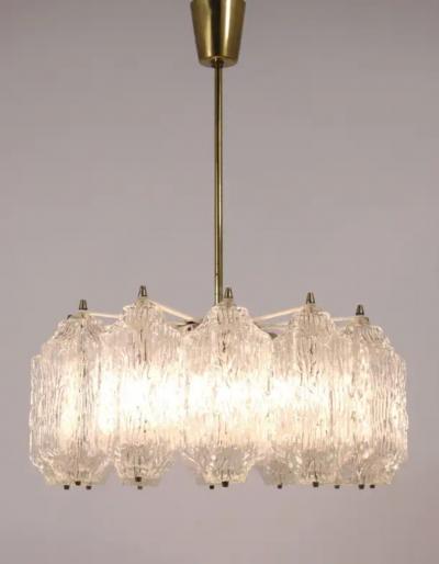  J T Kalmar Kalmar Lighting J T Kalmar Brass Chandelier with Textured Ice Glass Austria 1950s