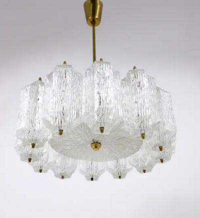  J T Kalmar Kalmar Lighting J T Kalmar Brass Chandelier with Textured Ice Glass Austria 1950s