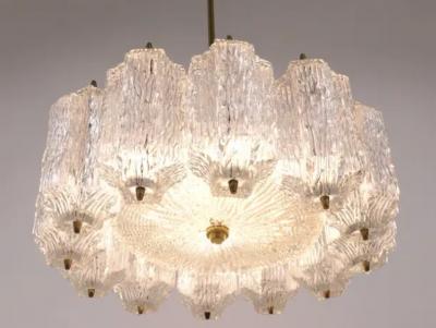  J T Kalmar Kalmar Lighting J T Kalmar Brass Chandelier with Textured Ice Glass Austria 1950s