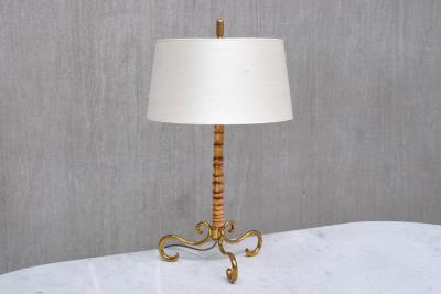  J T Kalmar Kalmar Lighting J T Kalmar Brass and Bamboo Table Lamp with Silk Shade Austria 1950s