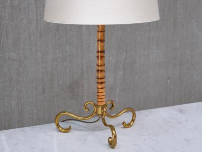  J T Kalmar Kalmar Lighting J T Kalmar Brass and Bamboo Table Lamp with Silk Shade Austria 1950s