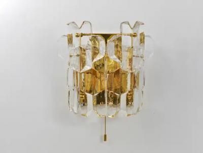  J T Kalmar Kalmar Lighting J T Kalmar Large Palazzo Midcentury Gilt Brass 6 Crystal Icicle Glass Scone
