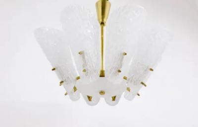  J T Kalmar Kalmar Lighting J T Kalmar Midcentury Brass Chandelier White Textured Glass 1950s