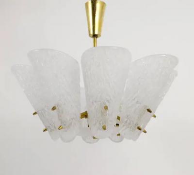  J T Kalmar Kalmar Lighting J T Kalmar Midcentury Brass Chandelier White Textured Glass 1950s