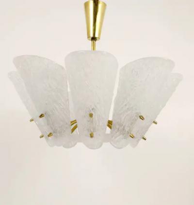  J T Kalmar Kalmar Lighting J T Kalmar Midcentury Brass Chandelier White Textured Glass 1950s