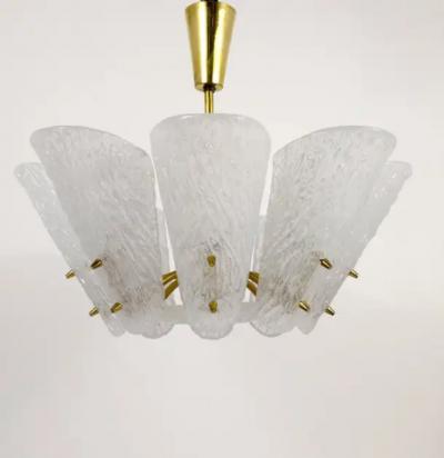  J T Kalmar Kalmar Lighting J T Kalmar Midcentury Brass Chandelier White Textured Glass 1950s