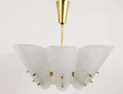  J T Kalmar Kalmar Lighting J T Kalmar Midcentury Brass Chandelier White Textured Glass 1950s