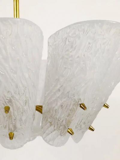  J T Kalmar Kalmar Lighting J T Kalmar Midcentury Brass Chandelier White Textured Glass 1950s