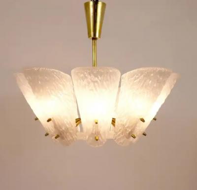  J T Kalmar Kalmar Lighting J T Kalmar Midcentury Brass Chandelier White Textured Glass 1950s