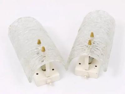  J T Kalmar Kalmar Lighting J T Kalmar Pair Sconces Wall Lamps Brass Textured Glass Austria 1950s