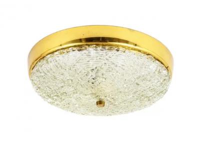  J T Kalmar Kalmar Lighting J T Kalmar Round Mid Century Brass Textured Glass Flush Mount Austria 1950s