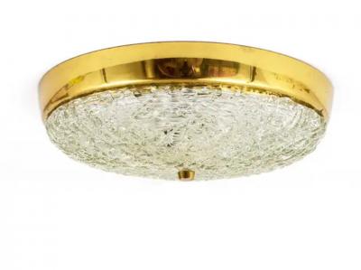  J T Kalmar Kalmar Lighting J T Kalmar Round Mid Century Brass Textured Glass Flush Mount Austria 1950s
