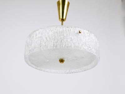  J T Kalmar Kalmar Lighting J T Kalmar Round Textured Glass Ring Brass Chandelier Pendant Lamp 1950s