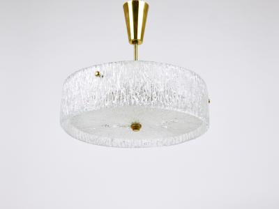  J T Kalmar Kalmar Lighting J T Kalmar Round Textured Glass Ring Brass Chandelier Pendant Lamp 1950s