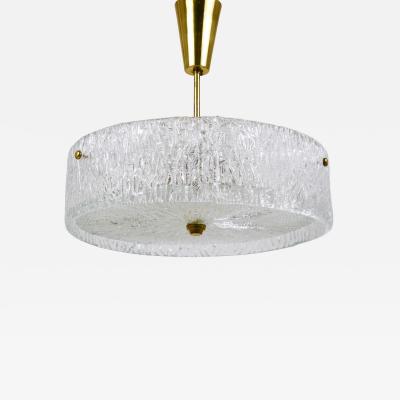  J T Kalmar Kalmar Lighting J T Kalmar Round Textured Glass Ring Brass Chandelier Pendant Lamp 1950s