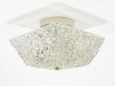  J T Kalmar Kalmar Lighting J T Kalmar Square Brass Textured Glass Flush Mount Ceiling Light 1950s