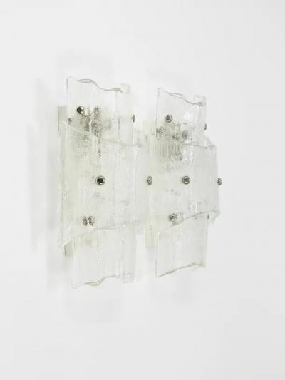  J T Kalmar Kalmar Lighting J T Kalmar Vienna Pair Mid Century Frosted Ice Glass Sconces Austria 1960s