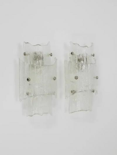  J T Kalmar Kalmar Lighting J T Kalmar Vienna Pair Mid Century Frosted Ice Glass Sconces Austria 1960s