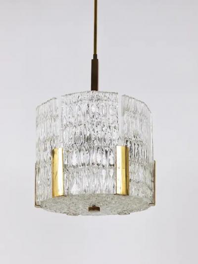  J T Kalmar Kalmar Lighting Kalmar Tambour Drum Chandelier Brass Textured Ice Glass Austria 1960s