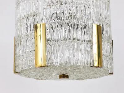  J T Kalmar Kalmar Lighting Kalmar Tambour Drum Chandelier Brass Textured Ice Glass Austria 1960s