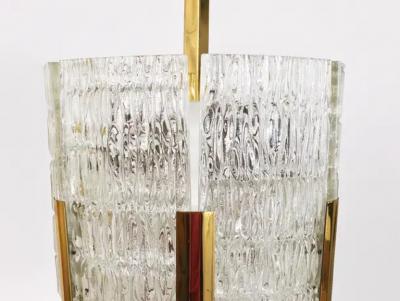  J T Kalmar Kalmar Lighting Kalmar Tambour Drum Chandelier Brass Textured Ice Glass Austria 1960s