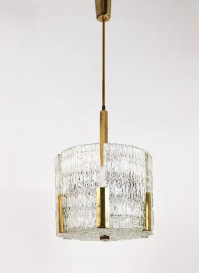  J T Kalmar Kalmar Lighting Kalmar Tambour Drum Chandelier Brass Textured Ice Glass Austria 1960s