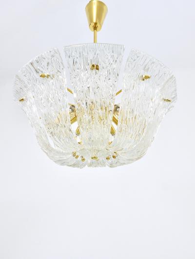  J T Kalmar Kalmar Lighting Large J T Kalmar Curved Basket Chandelier Brass Textured Glass Vienna 1950