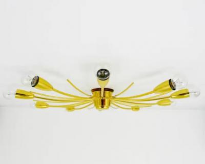  J T Kalmar Kalmar Lighting Large J T Kalmar Sonne Sun Brass Spider Chandelier Flush Mount Austria 1950s