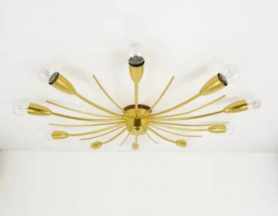  J T Kalmar Kalmar Lighting Large J T Kalmar Sonne Sun Brass Spider Chandelier Flush Mount Austria 1950s