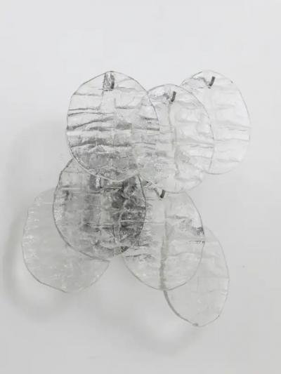  J T Kalmar Kalmar Lighting Up to Three J T Kalmar Blatt Ice Glass Disc Sconces Wall Lights Austria 1960s