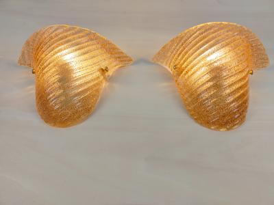  JL Light Style Pair of Murano glass wall sconces with half cup oblique striped amber grained