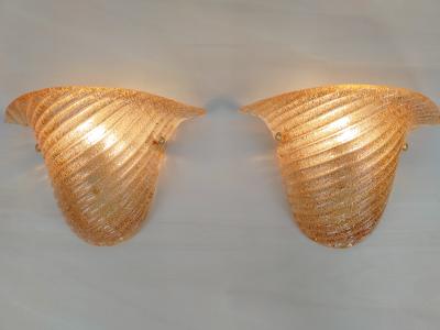  JL Light Style Pair of Murano glass wall sconces with half cup oblique striped amber grained