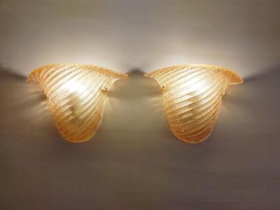  JL Light Style Pair of Murano glass wall sconces with half cup oblique striped amber grained
