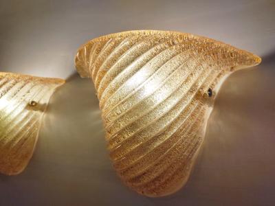  JL Light Style Pair of Murano glass wall sconces with half cup oblique striped amber grained