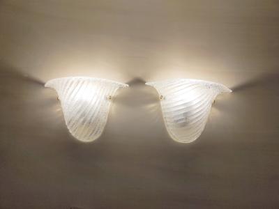  JL Light Style Pair of Murano glass wall sconces with half cup oblique striped clear grained