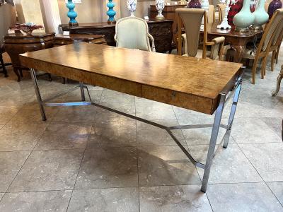  Jack Freiden Jack Freidin for Pace Collection Chrome and Burl Veneer 4 Drawer Writing Desk