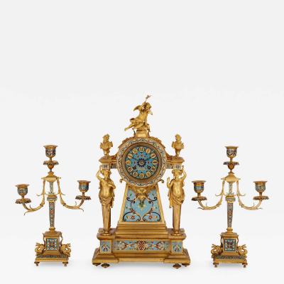  Janetti Father Sons French gilt bronze and enamel three piece clock set