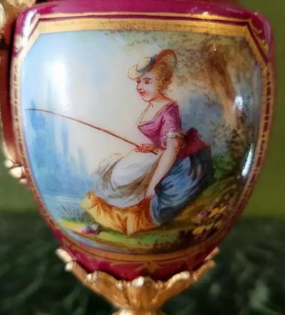  Japy Freres French 19C Japy Freres Red Sevres Porcelain Mantle Clock with Garniture Set