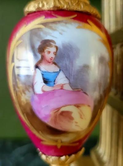  Japy Freres French 19C Japy Freres Red Sevres Porcelain Mantle Clock with Garniture Set