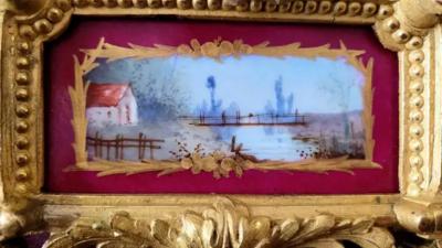  Japy Freres French 19C Japy Freres Red Sevres Porcelain Mantle Clock with Garniture Set