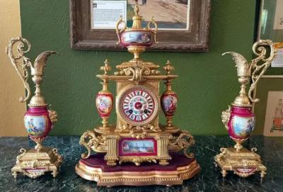  Japy Freres French 19C Japy Freres Red Sevres Porcelain Mantle Clock with Garniture Set